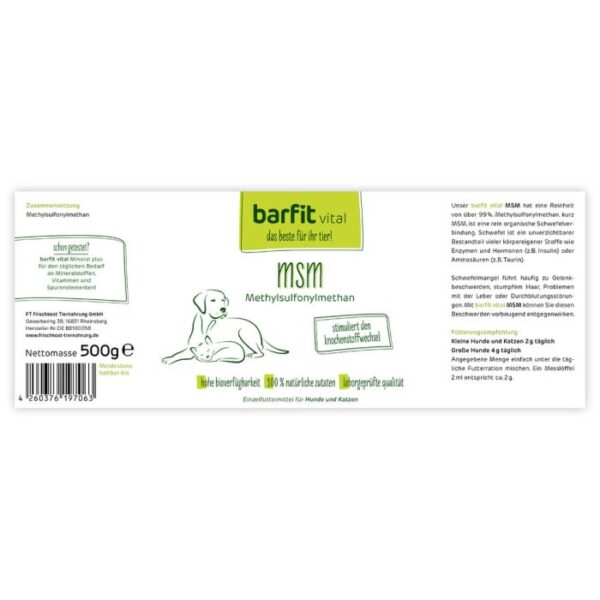 BARFIT VITAL MSM (METHYLSULFONYLMETHAN) 500G Nahrungsergänzung & BARF Hunde & Katzen Tiernahrung von Belcando und Leonardo