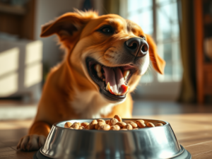 Hunde & Katzen Tiernahrung von Belcando und Leonardo - happy dog eating kibbels in a metal dog bowl